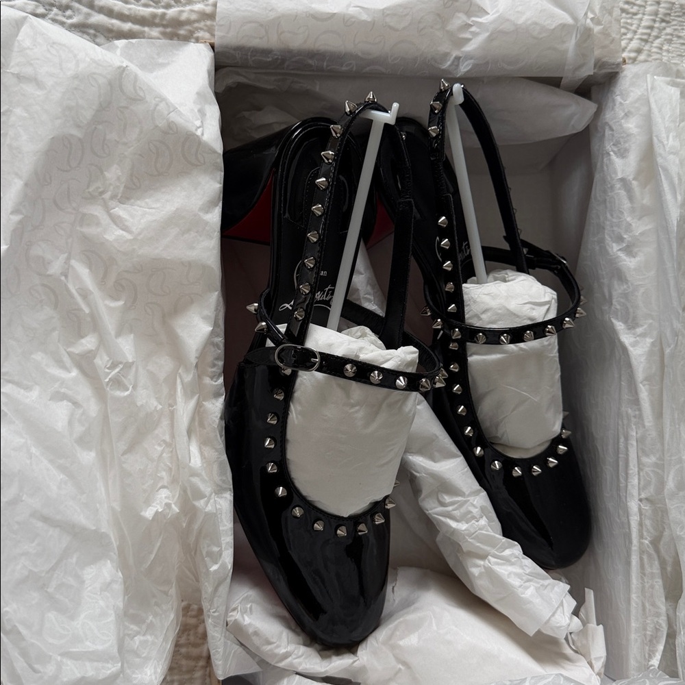 NWT Christian Louboutin Black Studded Mary Jane Heels - Picture 8 of 9